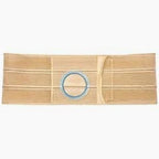 Beige medical abdominal support belt with central circular opening, laid flat on white background.