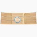 Beige medical abdominal support belt with central circular opening, laid flat on white background.