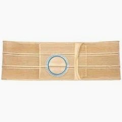 Beige medical abdominal support belt with central circular opening, laid flat on white background.