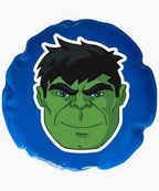 Round blue gel pack with cartoon green superhero face, suitable for kids' pain relief or cold therapy
