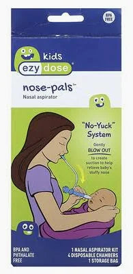 Mother using nasal aspirator for baby, kids nasal aspirator kit packaging, home medical supplies