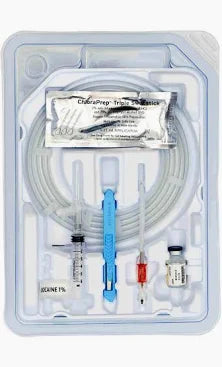 Medical supply kit with tube, syringe, vial, and needle in sterile packaging