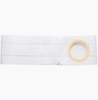 White elastic medical belt with adjustable Velcro and circular beige support ring