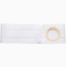 White elastic medical belt with adjustable Velcro and circular beige support ring