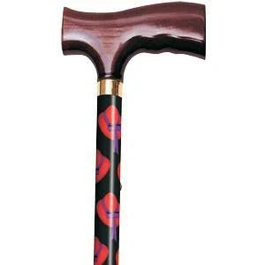 Colorful patterned walking cane with a wooden handle for mobility assistance