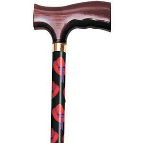 Colorful patterned walking cane with a wooden handle for mobility assistance