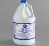 Gallon jug of liquid disinfectant with blue label and cap on gray background