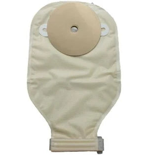 Ostomy bag with beige adhesive barrier for medical supply and home healthcare use