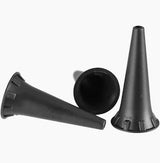 Three black plastic otoscope specula on a white background for medical diagnostics