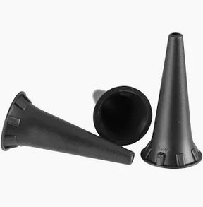 Three black plastic otoscope specula on a white background for medical diagnostics