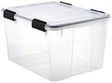 Clear plastic storage container with secure black latches and hinged lid
