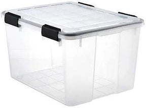 Clear plastic storage container with secure black latches and hinged lid