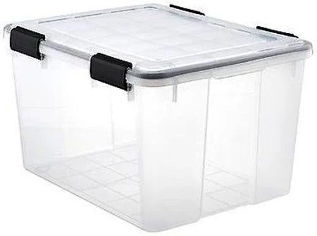 Clear plastic storage container with secure black latches and hinged lid