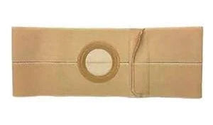 Beige ostomy belt with circular opening for medical support and stoma care