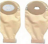 Two beige ostomy pouches with adhesive flanges for medical supply and home care needs