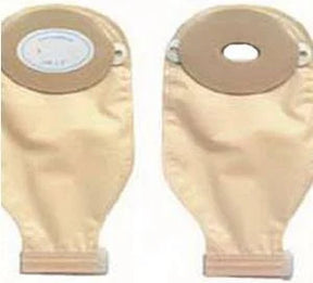 Two beige ostomy pouches with adhesive flanges for medical supply and home care needs