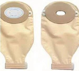 Two beige ostomy pouches with adhesive flanges for medical supply and home care needs