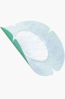 Transparent adhesive medical bandage with protective backing partially peeled off