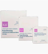 Three sizes of foam dressings with silicone adhesive borders in white packaging, for wound care