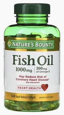 Nature's Bounty Fish Oil 1000mg supplement bottle for heart health, 145 softgels
