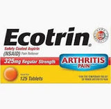 Box of Ecotrin 325mg regular strength aspirin tablets for arthritis pain relief, 125 count.