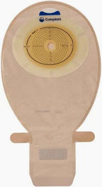 Beige colostomy bag with adhesive barrier and measurement guide, medical ostomy supplies.
