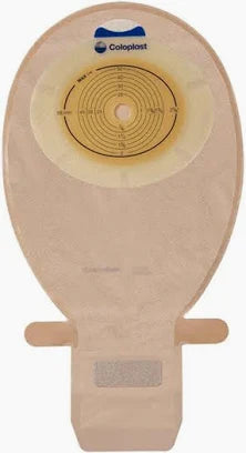 Beige colostomy bag with adhesive barrier and measurement guide, medical ostomy supplies.