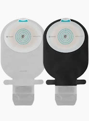 Two ostomy bags, one white and one black, with adhesive barriers for medical use