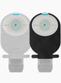 Two ostomy bags, one white and one black, with adhesive barriers for medical use