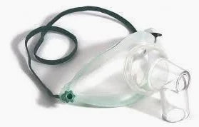 Clear medical oxygen mask with elastic strap on white background, essential respiratory supply