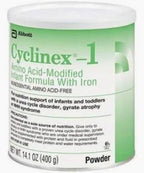 Can of Cyclinex-1 infant amino acid-modified formula with iron, 400g, medical nutrition powder.