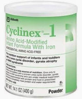 Can of Cyclinex-1 infant amino acid-modified formula with iron, 400g, medical nutrition powder.