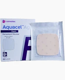 Aquacel Ag foam dressing for wounds in sealed packaging, with product box visible