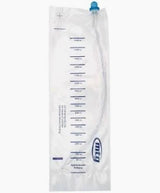Disposable medical urine collection bag with measurements and blue cap