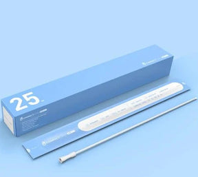 Disposable medical catheter with packaging on a blue background, 25 count box