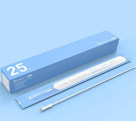 Disposable medical catheter with packaging on a blue background, 25 count box
