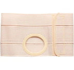 Beige ostomy belt with adjustable strap and circular opening for medical pouch support