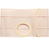 Beige ostomy belt with adjustable strap and circular opening for medical pouch support