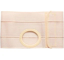 Beige ostomy belt with adjustable strap and circular opening for medical pouch support