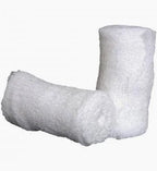 Two white medical gauze rolls for wound care and first aid supplies
