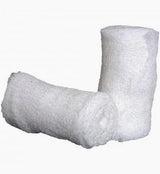 Two white medical gauze rolls for wound care and first aid supplies