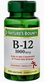 Bottle of Nature's Bounty B-12 1000 mcg vitamin supplement with energy health label