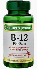 Bottle of Nature's Bounty B-12 1000 mcg vitamin supplement with energy health label