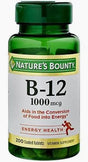 Bottle of Nature's Bounty B-12 1000 mcg vitamin supplement with energy health label