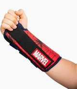 Child’s arm wearing a red Marvel-themed wrist brace for pediatric medical support