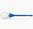 Blue plastic medical enema bulb syringe with clear reservoir on white background