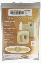 Nu-Comfort Belt packaging for ostomy support, beige medical belt with adjustment features shown