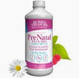 Prenatal daily multi liquid supplement bottle with raspberry and chamomile flowers