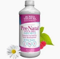 Prenatal daily multi liquid supplement bottle with raspberry and chamomile flowers