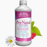 Prenatal daily multi liquid supplement bottle with raspberry and chamomile flowers